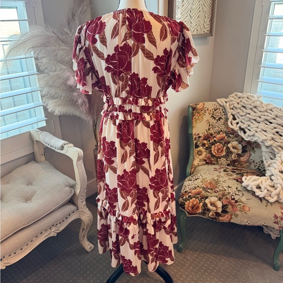 Böhme Floral Midi Dress Ruffle Waist Boho Romantic M - Picture 5 of 9